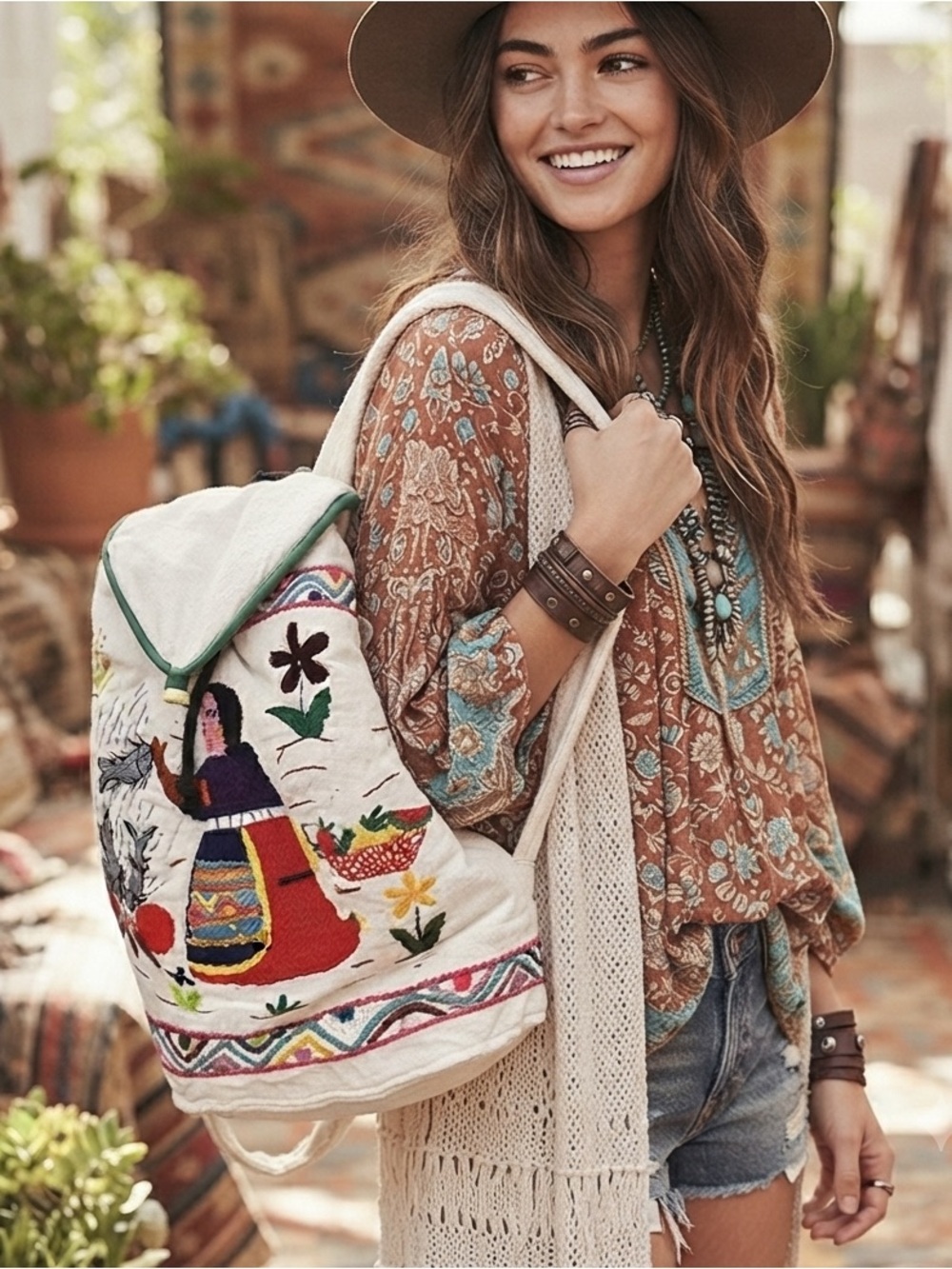 Rare Boho Folk Art Embroidered Backpack Unique Handmade Artisan Festival Bag